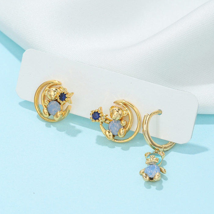 Mode-Stern-Mond-Bär-Messing-Ohrringe, die künstliche Edelstein-Kupfer-Ohrringe überziehen