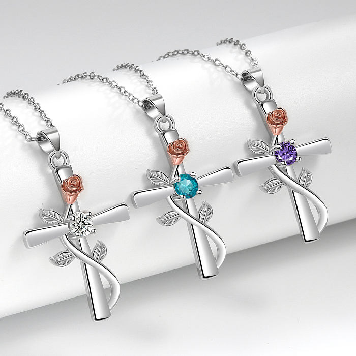 Simple Style Cross Copper Zircon Pendant Necklace In Bulk