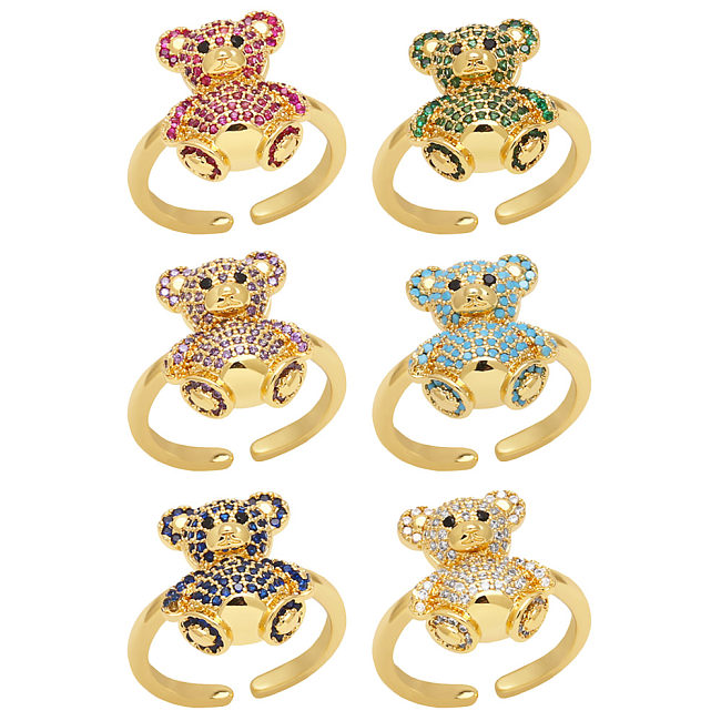 IG Style Cute Bear Copper Plating Inlay Zircon 18K Gold Plated Open Rings