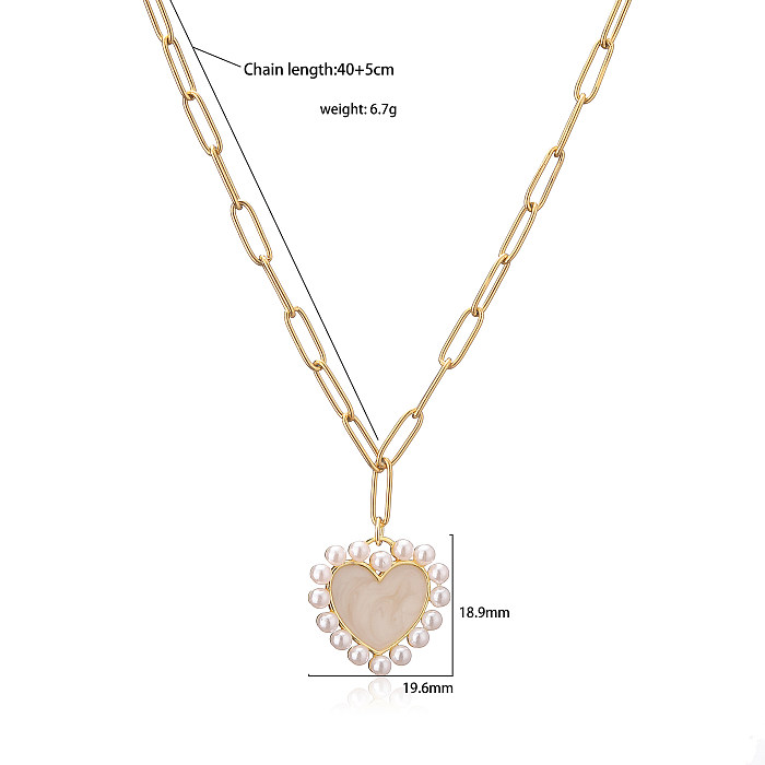 Elegant Vacation Simple Style Heart Shape Copper Enamel Plating Inlay Artificial Pearls 18K Gold Plated Rings Necklace