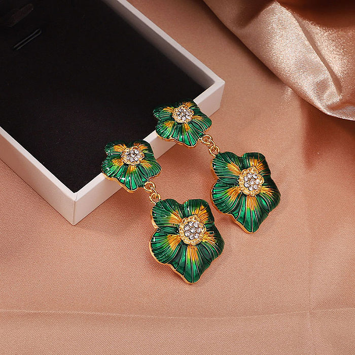 1 Pair Retro Sweet Flower Enamel Plating Inlay Copper Zircon 18K Gold Plated Drop Earrings