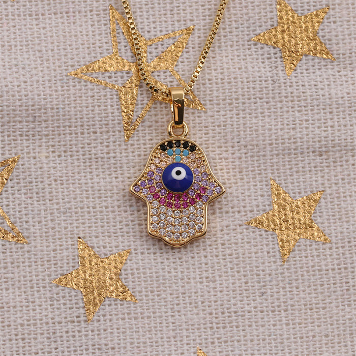 Colar de joias de olho turco simples banhado a cobre com pingente de palma em ouro real