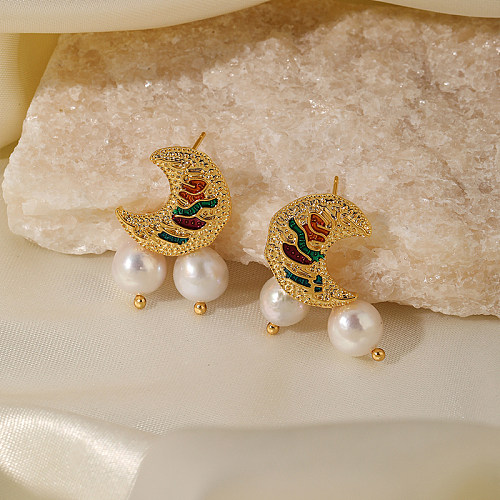 1 paire de boucles d'oreilles pendantes plaquées or 18 carats, Style Simple, incrustation de lune, perle de cuivre