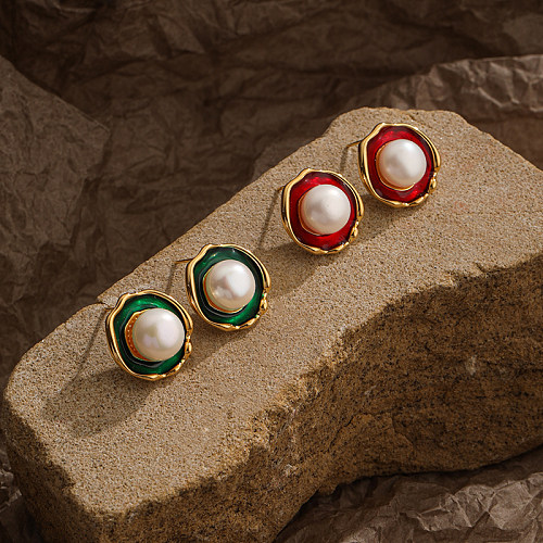 1 paire de clous d'oreilles plaqués or 18 carats, Style Vintage, incrustation irrégulière de perles en cuivre