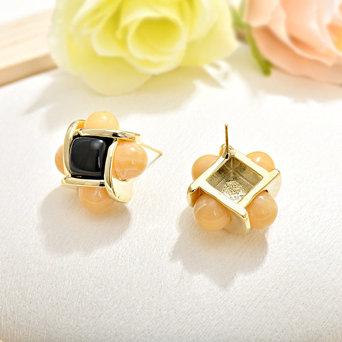 1 Pair Sweet Square Inlay Copper Glass Ear Studs
