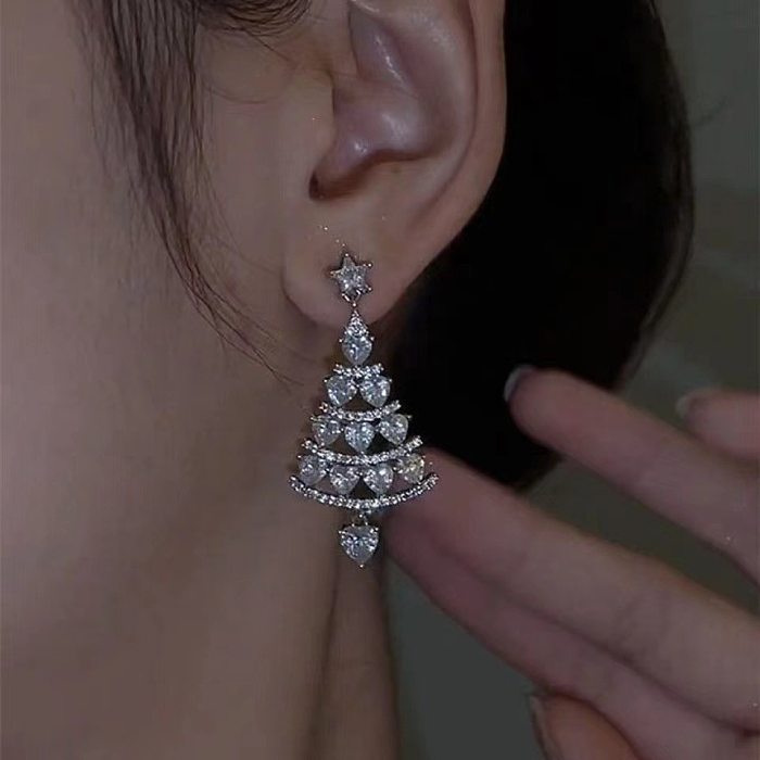 Fashion Christmas Tree Water Droplets Copper Tassel Zircon Earrings 1 Pair