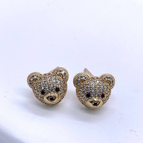 1 Pair Retro Bear Inlay Copper Zircon Ear Studs