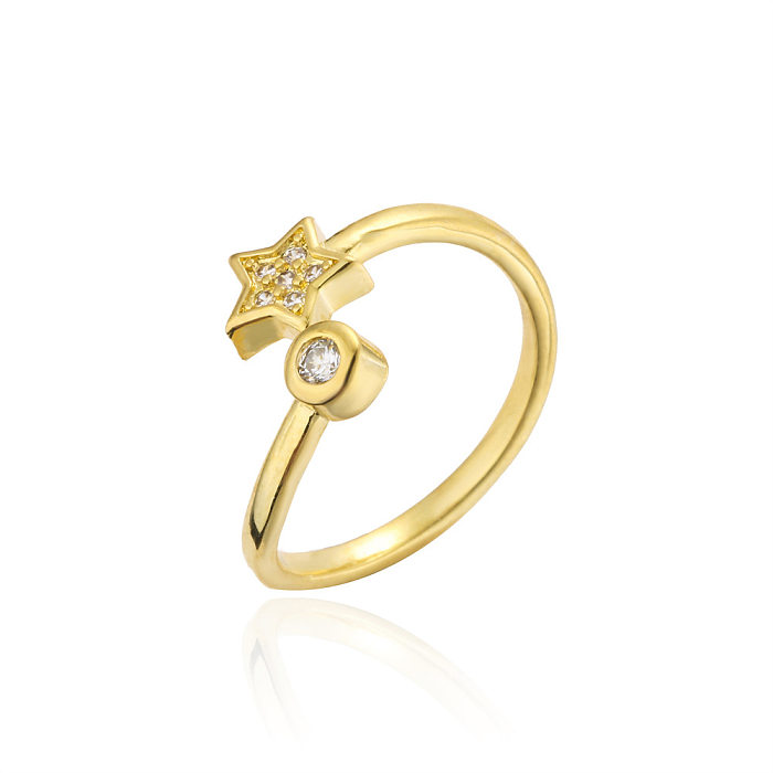 Nova joia de zircão micro-incrustada de cobre 18K banhado a ouro anel aberto estrela de cinco pontas