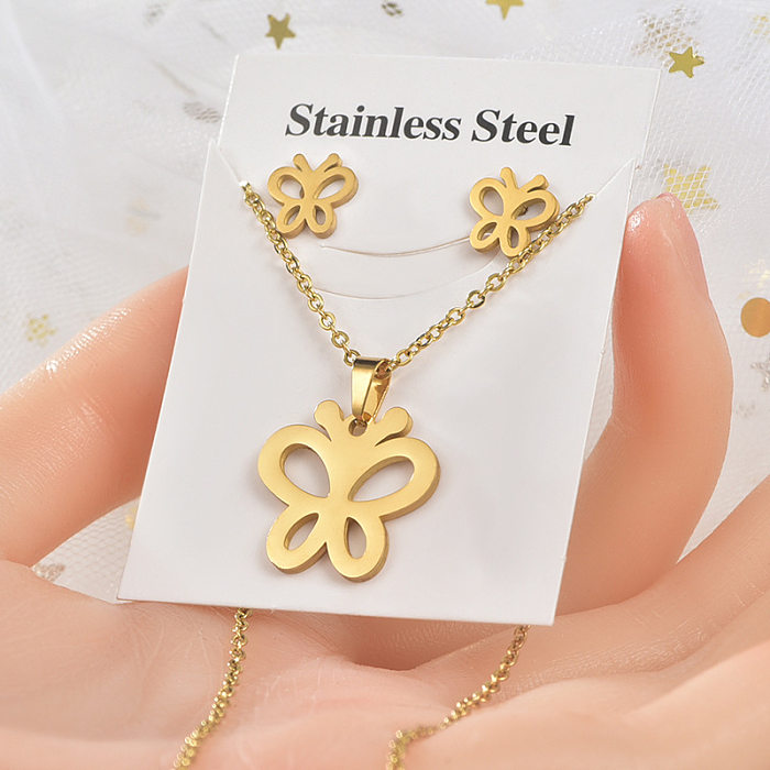 Simple Style Heart Shape Owl Butterfly Titanium Steel Women'S Earrings Necklace 1 Set