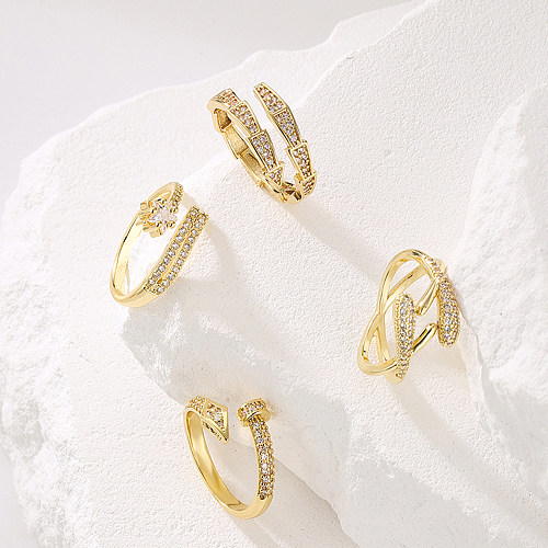 أزياء خاتم نحاسي هندسي مفتوح مطلية بالذهب خواتم نحاسية من الزركون