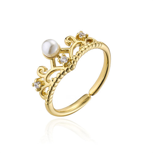 New Copper Zircon Pearl Crown Shape Geometric Open Ring Wholesale