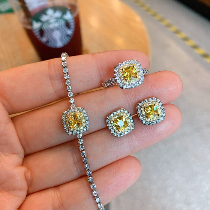 Glam rétro carré cuivre placage incrustation Zircon femmes anneaux Bracelets boucles d'oreilles