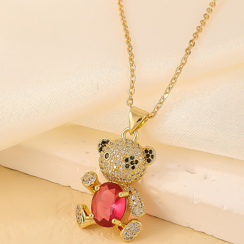 Cute Sweet Little Bear Copper Plating Inlay Zircon Gold Plated Pendant Necklace