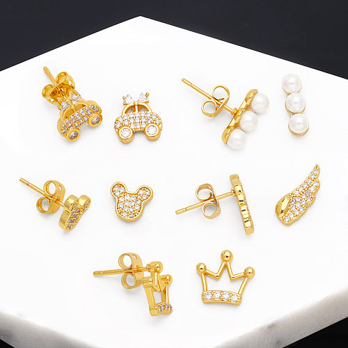 Boucles d'oreilles en cuivre avec couronne à la mode, incrustation de perles et de Zircon