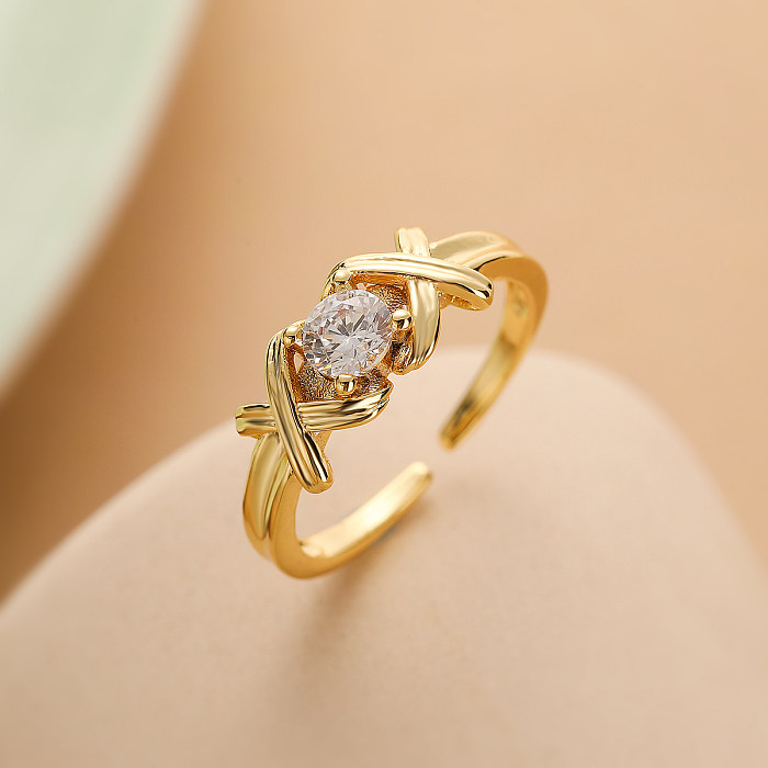 Simple Style Round Copper Plating Inlay Zircon 18K Gold Plated Open Rings