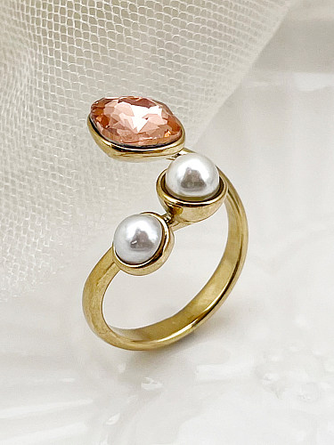Casual Vintage Style Simple Style Round Square Stainless Steel Gold Plated Gem Pearl Open Ring In Bulk