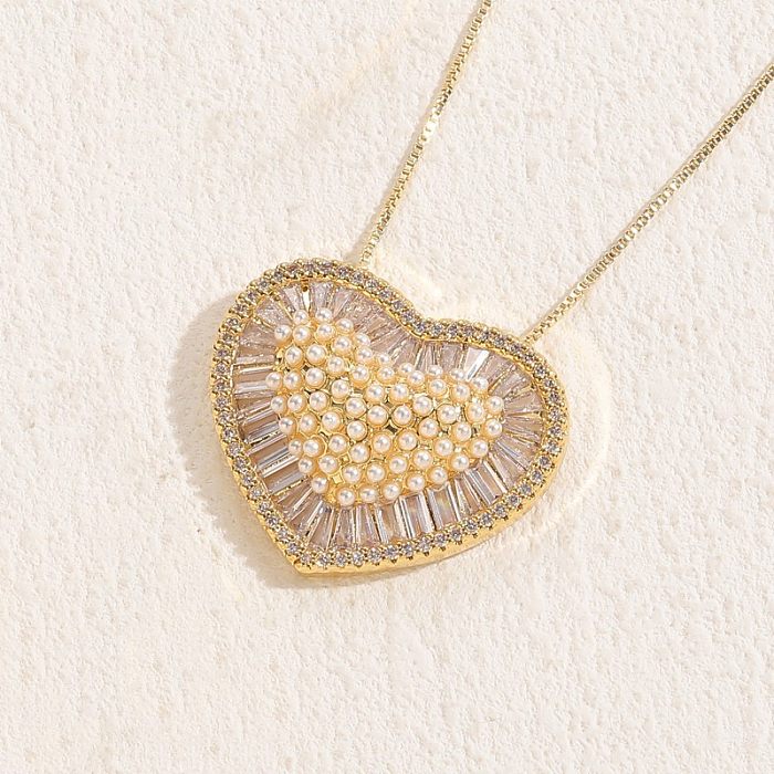Elegant Classic Style Heart Shape Copper 14K Gold Plated Zircon Pendant Necklace In Bulk