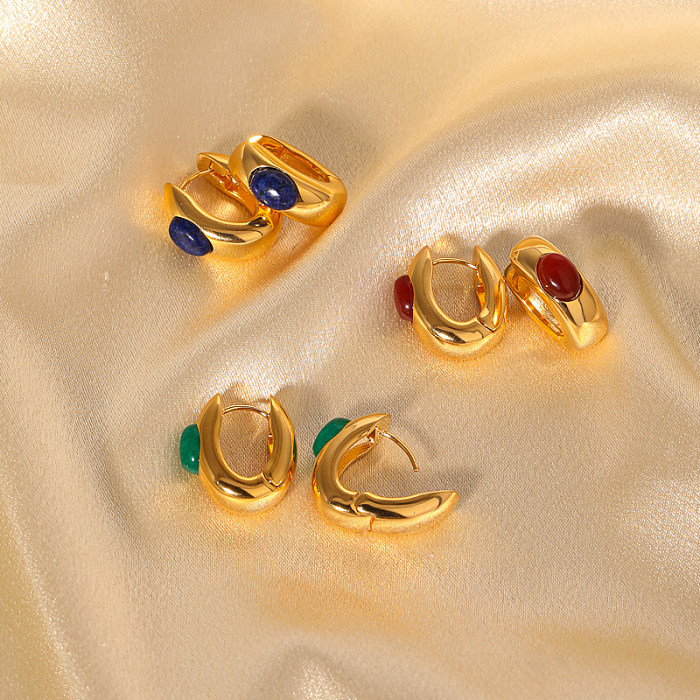 1 Pair Classical Retro Oval Plating Inlay Copper Artificial Gemstones 18K Gold Plated Hoop Earrings