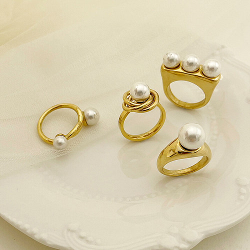 Elegant Round Stainless Steel Plating Inlay Artificial Pearls Gold Plated Rings