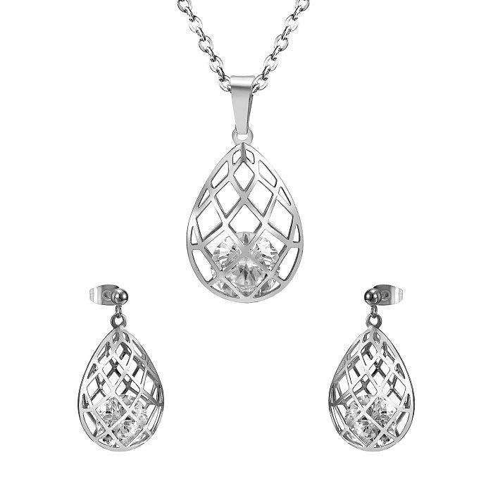 Elegant Water Droplets Stainless Steel Zircon Plating Women'S Earrings Necklace