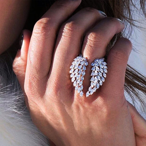 Novo feminino aberto cheio de diamantes zircão asas ajustável moda charme anel de cobre