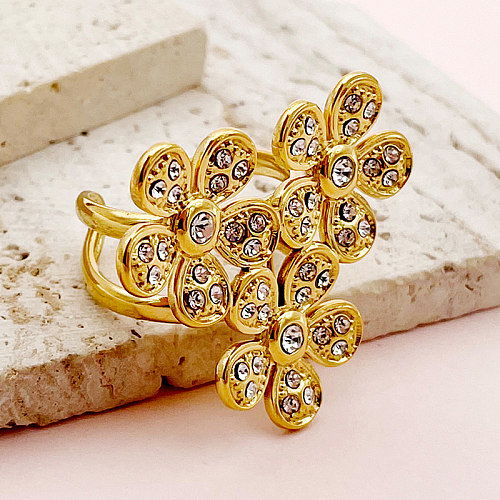 Elegante flor artística doce chapeamento de aço inoxidável zircão anéis abertos banhados a ouro