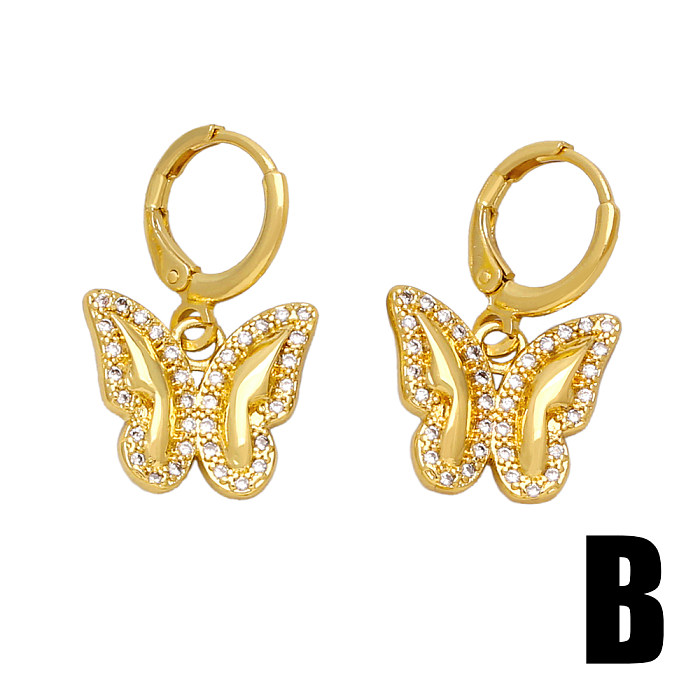 1 Paar schlichte Ohrringe mit Kreuz-Schmetterlings-Beschichtung, Kupfer-Zirkon, 18 Karat vergoldet