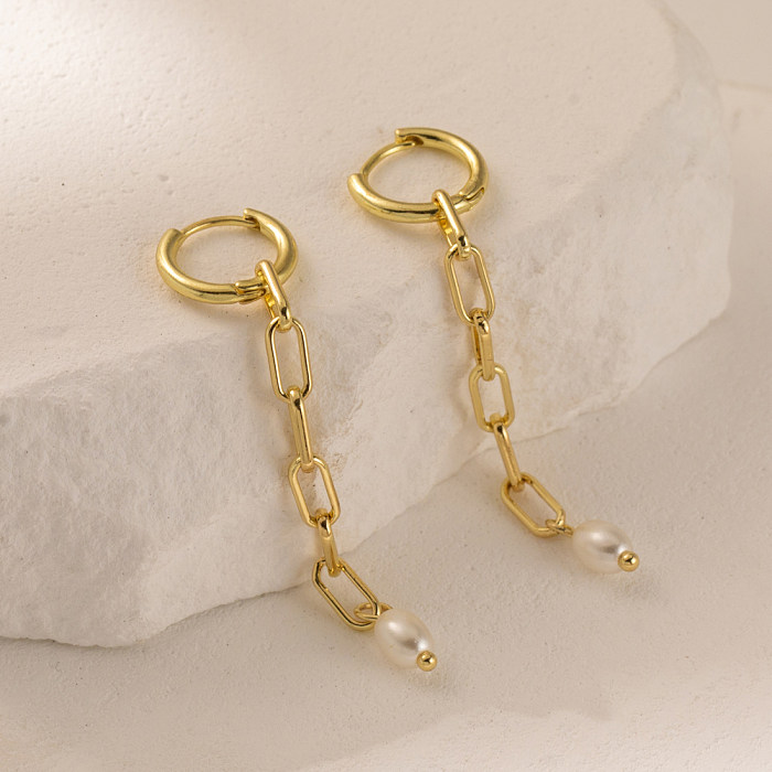 1 par de pendientes colgantes de perlas de cobre con incrustaciones de Color sólido de estilo Simple y dulce