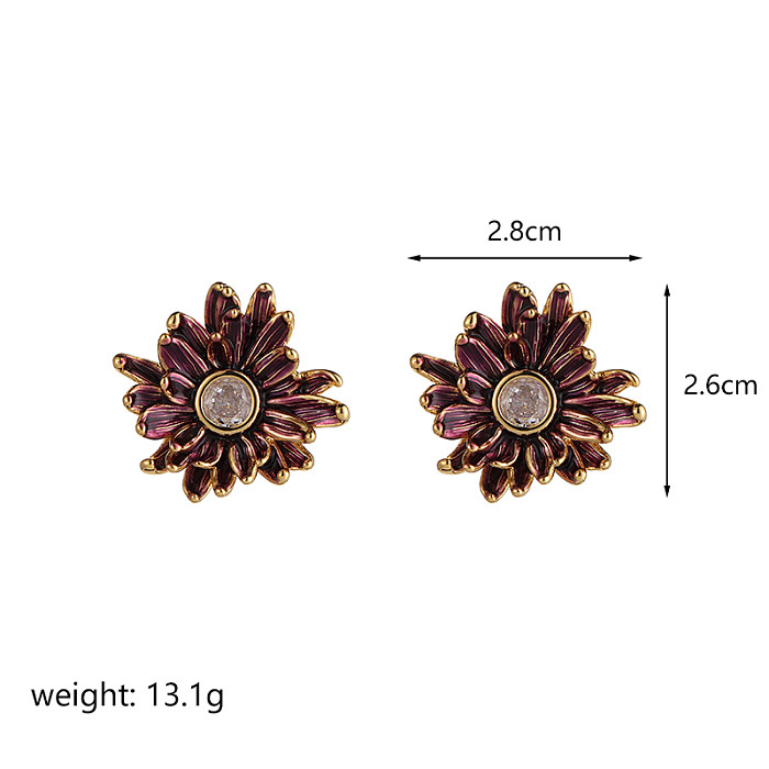 1 Pair Commute Flower Plating Inlay Copper Turquoise Zircon 18K Gold Plated Ear Studs