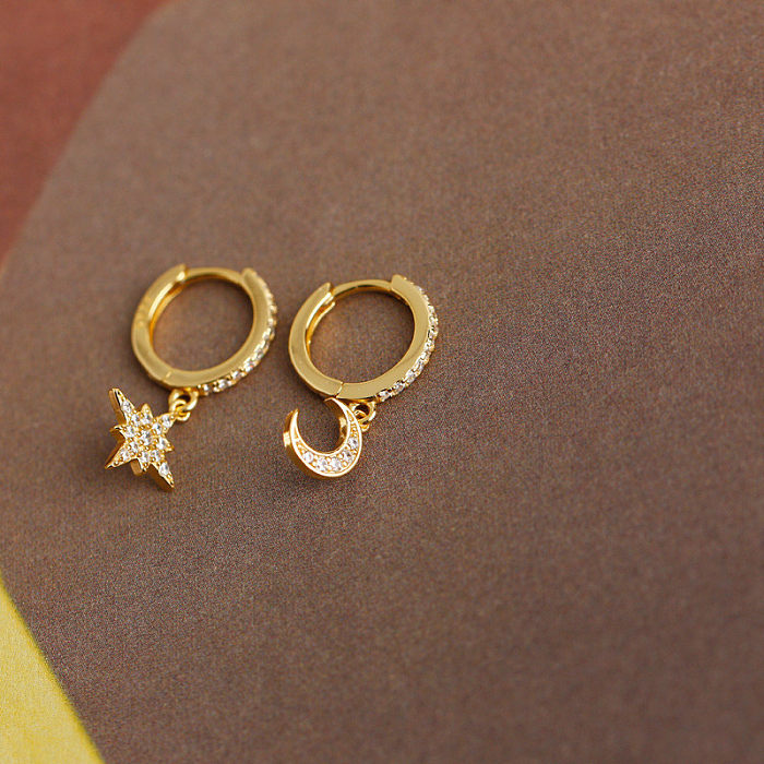1 Pair Sweet Star Moon Plating Inlay Copper Zircon Drop Earrings
