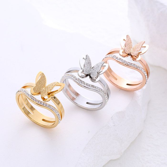 Simple Style Butterfly Stainless Steel Plating Inlay Rhinestones 24K Gold Plated Rings
