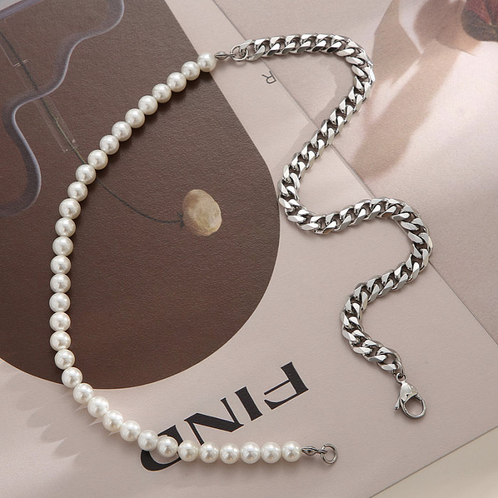 Hip-Hop Geometric Stainless Steel Patchwork Artificial Pearls Jewelry Set 1 Piece