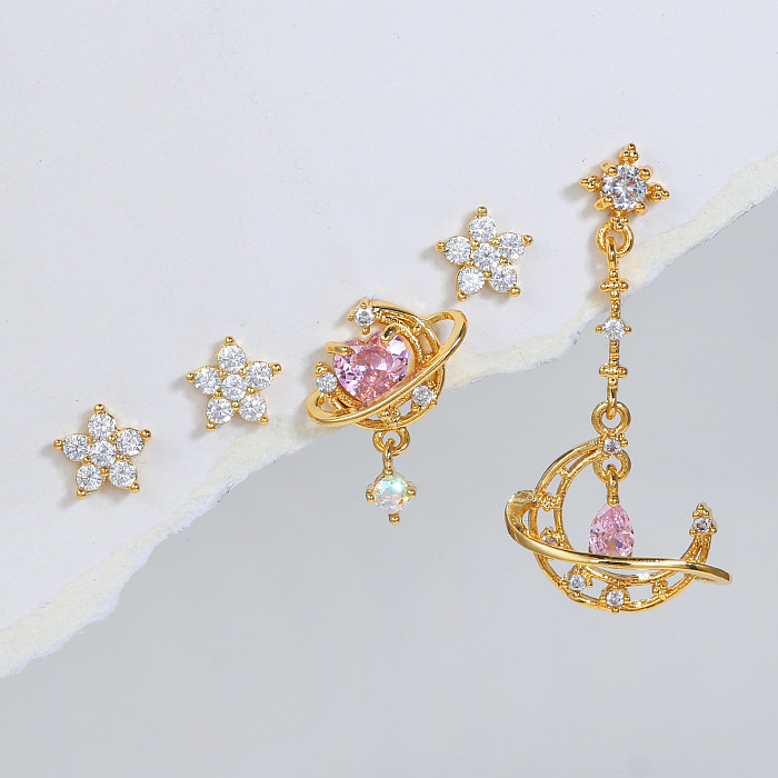 Ensemble de boucles d'oreilles pendantes en Zircon, fleur de lune, incrustation de cuivre, à la mode, ensemble de 5 pièces