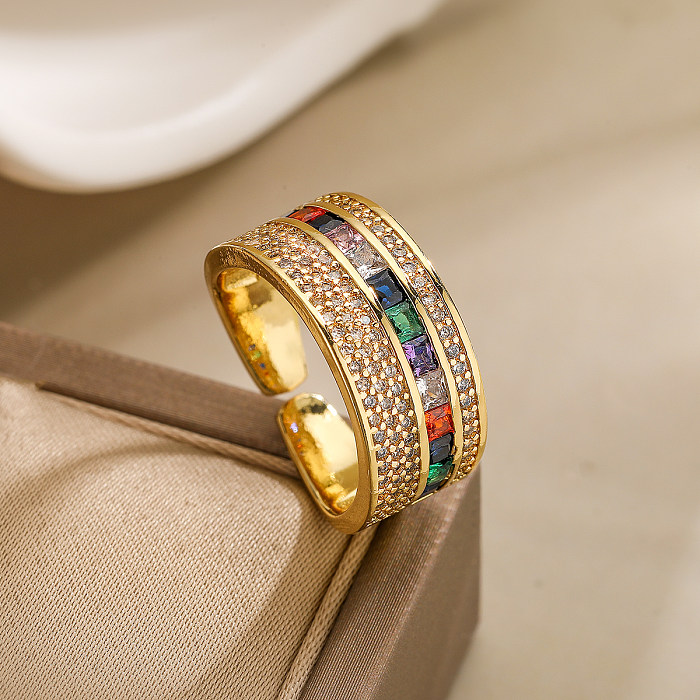 Simple Style Commute Colorful Copper Plating Inlay Zircon 18K Gold Plated Open Rings