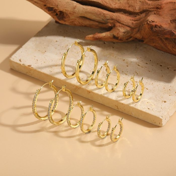 1 Pair Cute Bridal Simple Style Solid Color Plating Metal Inlay Copper Zircon 14K Gold Plated Hoop Earrings