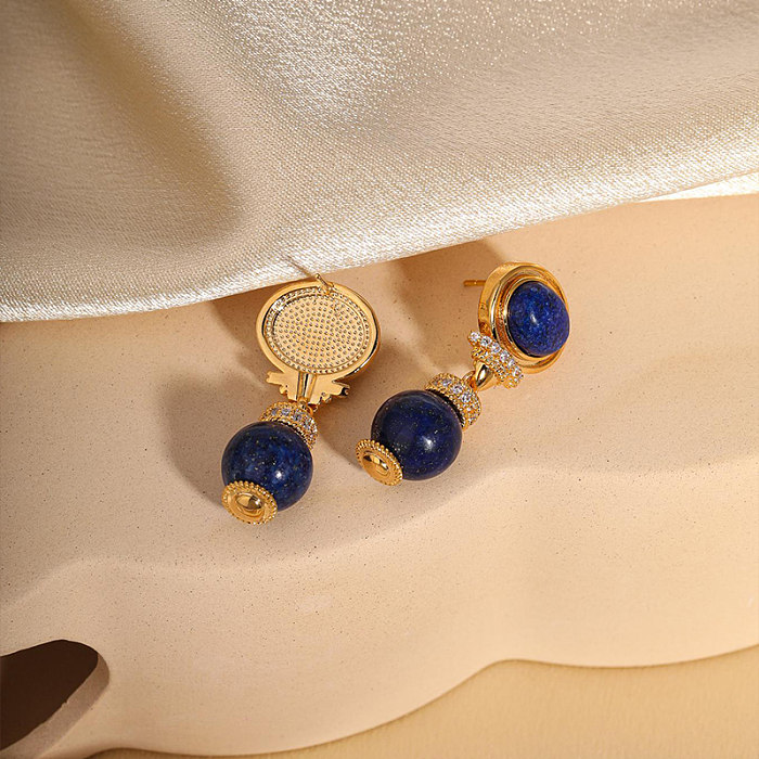 1 Pair Simple Style Round Plating Inlay Copper Lapis Lazuli 18K Gold Plated Drop Earrings