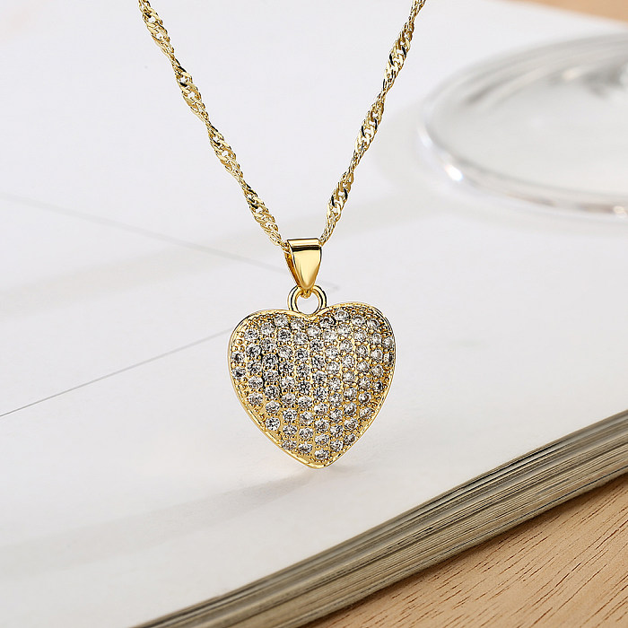 Simple Style Shiny Round Heart Shape Copper Plating Inlay Zircon 18K Gold Plated Pendant Necklace