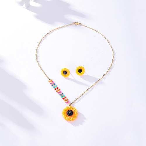 Simple Stainless Steel 18K Gold Sunflower Stud Earrings Necklace Set