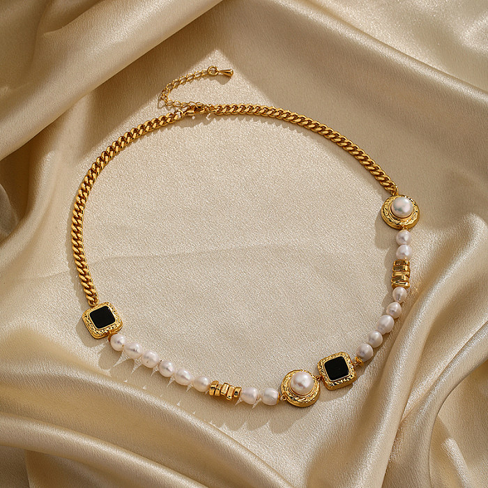 IG Style élégant rond carré cuivre perlé placage perle d'eau douce Zircon 18K plaqué or collier