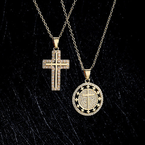 Joias religiosas banhadas a cobre 18K ouro zircão colar com pingente de cruz