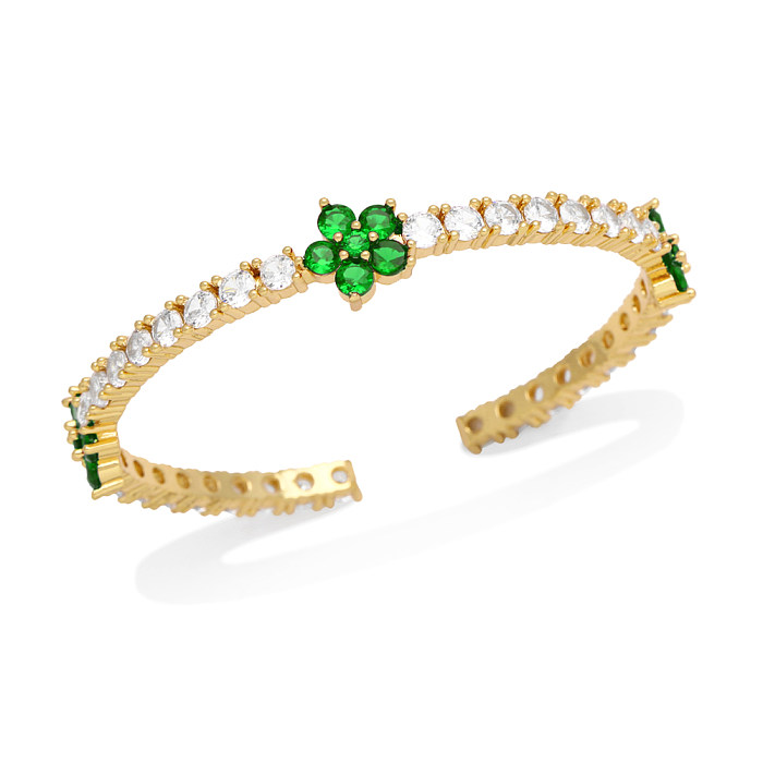 Elegant Flower Copper Plating Inlay Zircon 18K Gold Plated Bangle