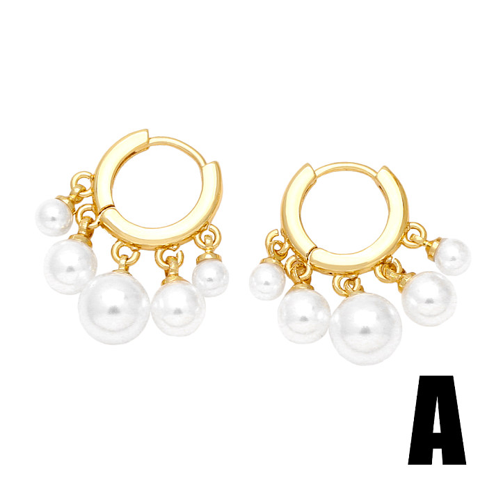 1 Pair Simple Style Round Plating Inlay Copper Pearl Zircon 18K Gold Plated Drop Earrings