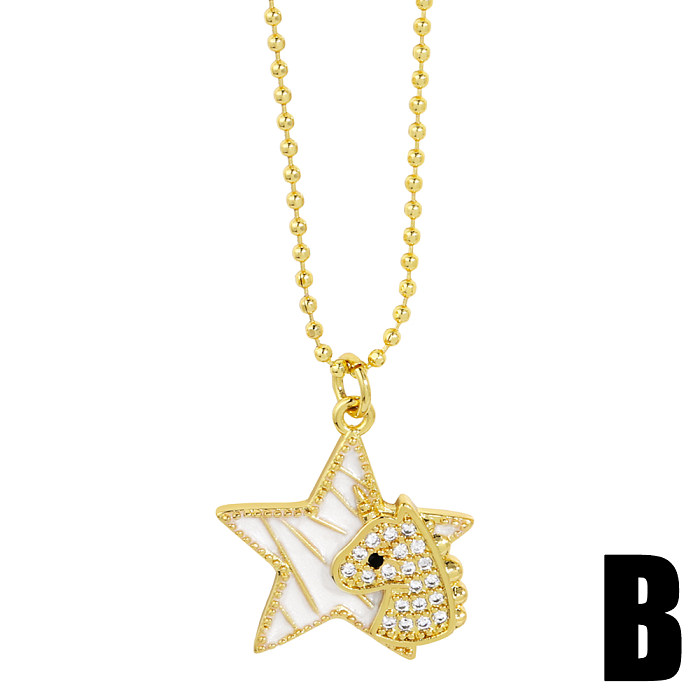 1 Piece Fashion Pentagram Unicorn Copper Enamel Plating Inlay Zircon Pendant Necklace