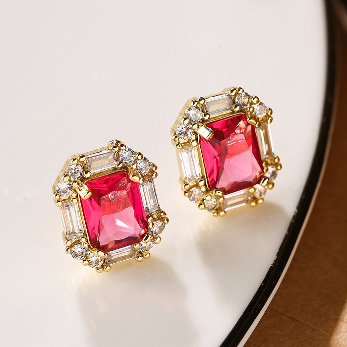 1 Pair Shiny Square Oval Copper Plating Inlay Zircon 18K Gold Plated Ear Studs
