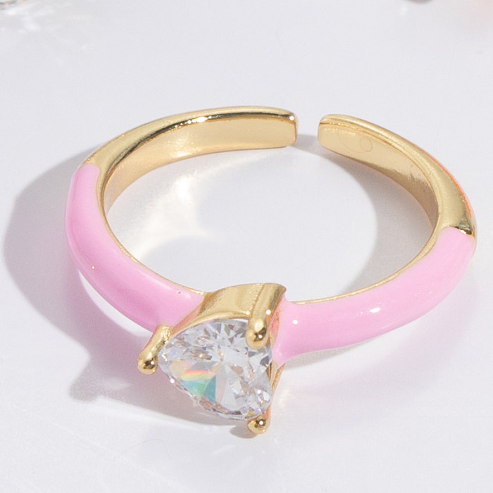 Fashion Heart Shape Copper Enamel Gold Plated Zircon Open Ring 1 Piece