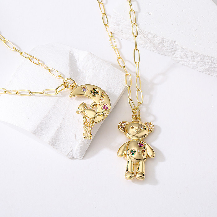 Fashion Cute Bear Moon Pendant Plating 18K Gold Micro Inlaid Zircon Copper Necklace