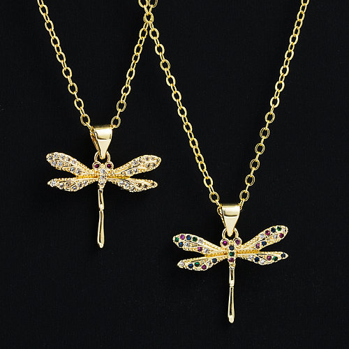 Modische Halskette mit Libellen-Anhänger aus 18-karätigem Gold mit Zirkon-Intarsien und Mikro-Intarsien