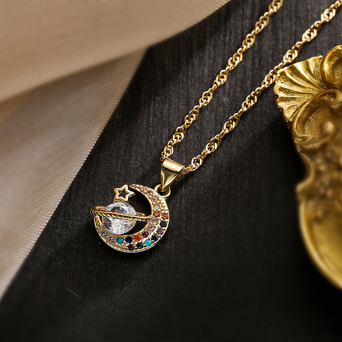 Simple Style Commute Moon Copper Plating Inlay Zircon 18K Gold Plated Pendant Necklace