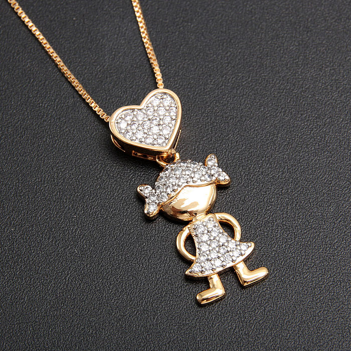 Cute Human Heart Shape Copper Plating Inlay Zircon Gold Plated Pendant Necklace