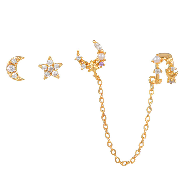 Fashion Star Moon Tassel Copper Inlay Artificial Pearls Zircon Earrings 3 Piece Set